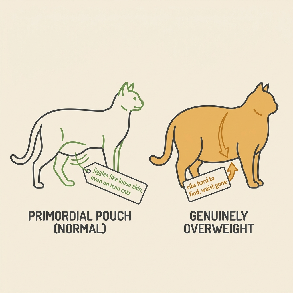 Two side-by-side flat-vector cat silhouettes: left "PRIMORDIAL POUCH (NORMAL)" a slim cat with a low swinging belly flap, right "GENUINELY OVERWEIGHT" an all-over rounded body with no waist