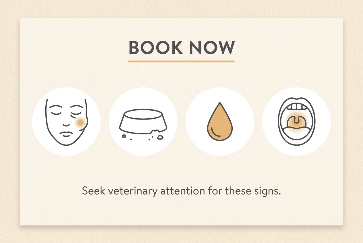 A calm amber-accented card headed BOOK NOW showing four flat icons: a swelling below an eye, an empty food bowl, a drop of blood, and a red back-of-mouth, on cream with soft charcoal linework.