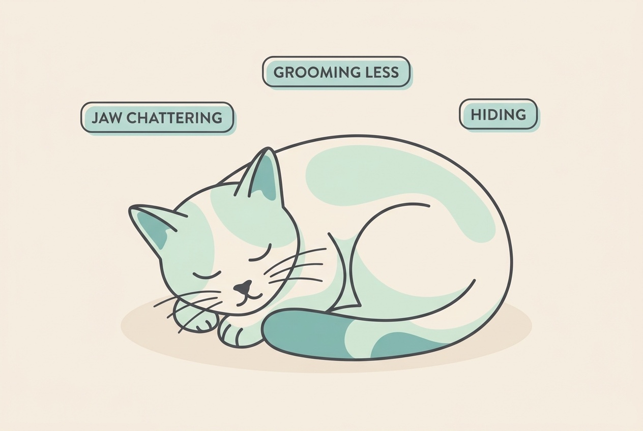 A calm illustration of a resting cat with three small labelled tells floating nearby: JAW CHATTERING, GROOMING LESS and HIDING, in soft charcoal and mint on cream. The cat looks peaceful, not distressed.