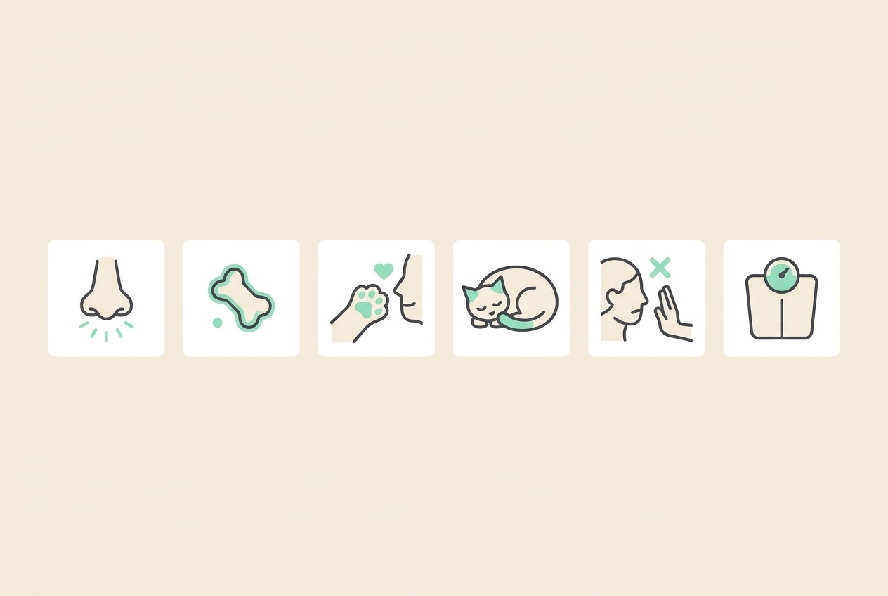 A flat icon strip of six signs owners commonly miss: a nose with scent lines, a dropped piece of kibble, a paw reaching to a cheek, a quiet resting cat, a head turning away from a hand, and a weighing scale, in soft charcoal with a mint accent on cream.