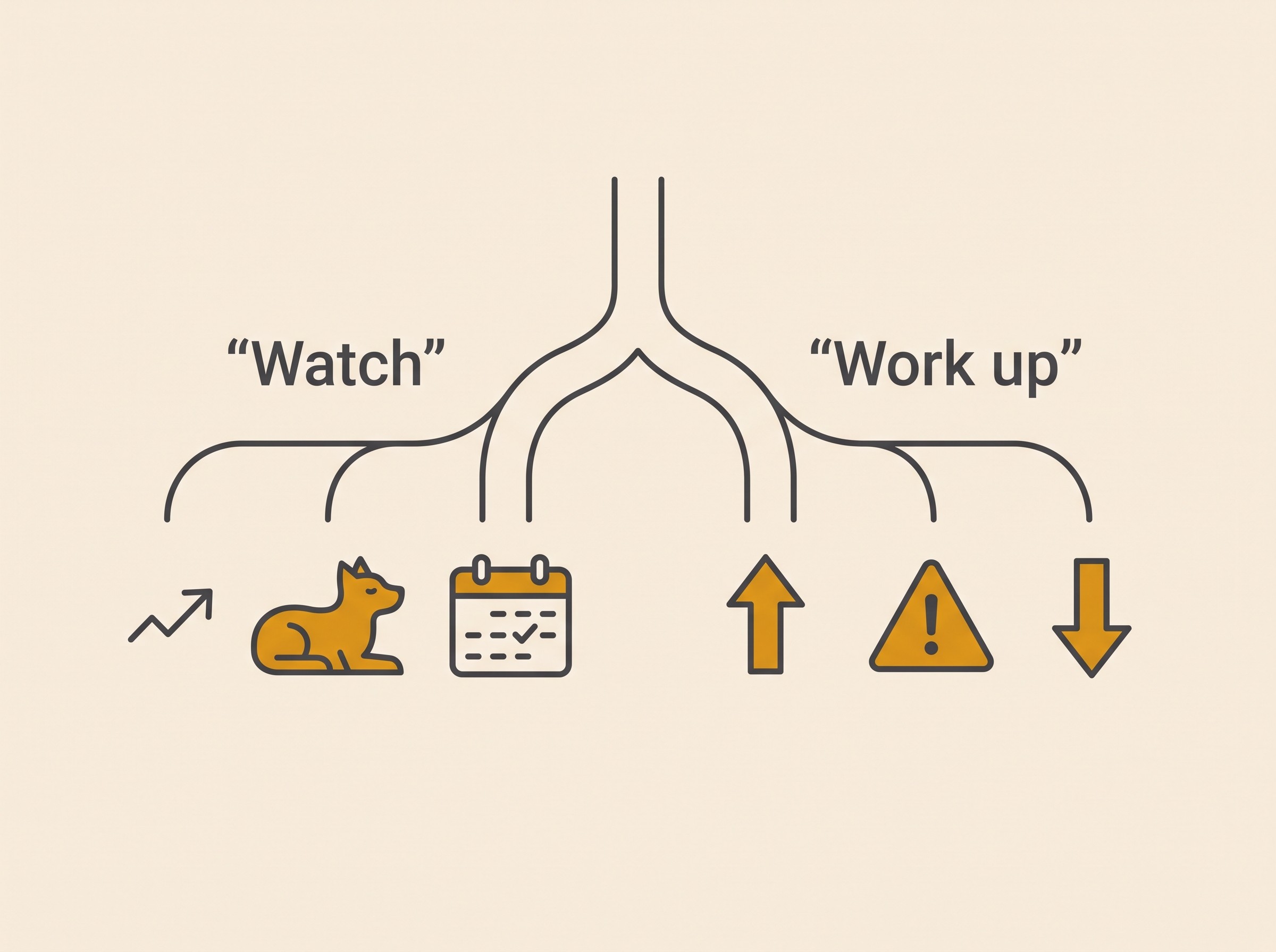A flat-vector fork diagram, one path labelled watch mild plus well plus normal function recheck, the other labelled work up high or rising or any symptom or falling function, on cream with amber and charcoal, no alarming colours