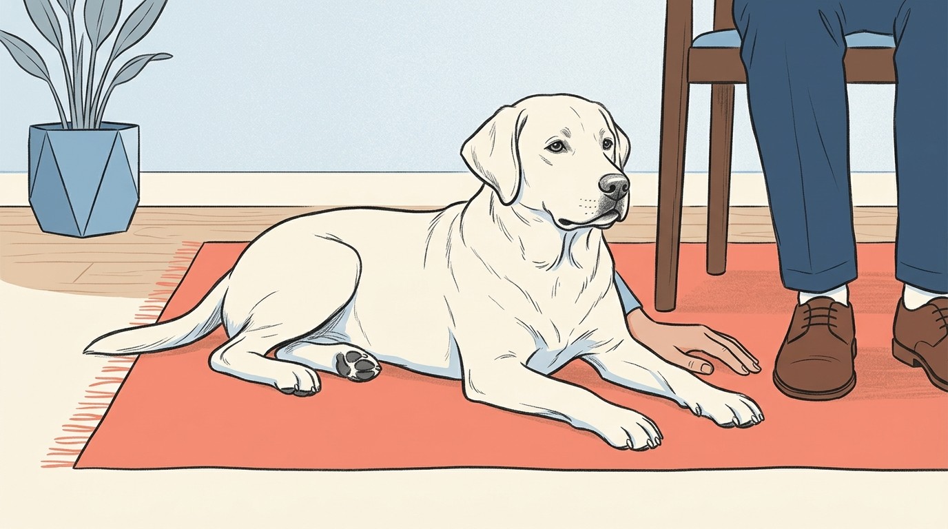 A relaxed young large-breed dog resting comfortably on a rug at home with its owner sitting nearby in warm natural light