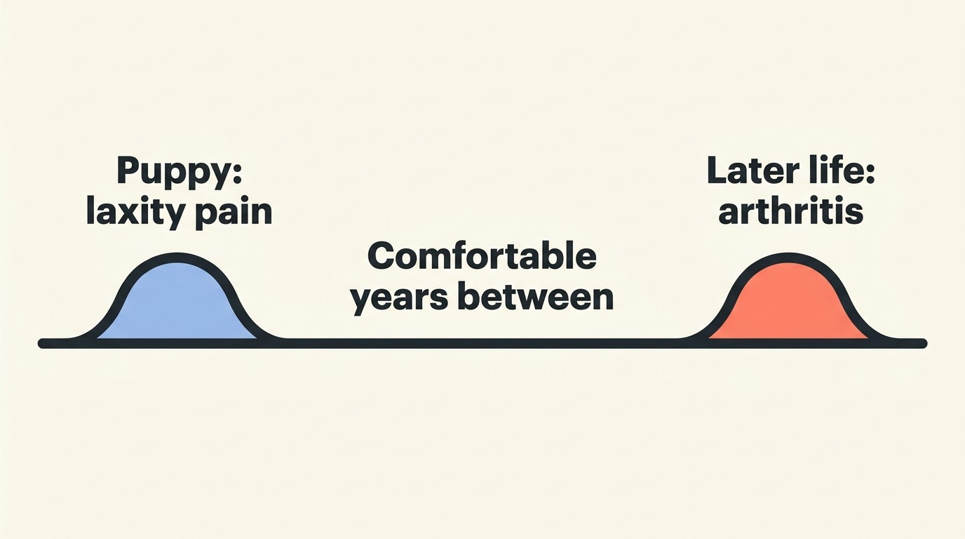 A simple calm timeline showing two gentle flare points, laxity pain at roughly six to twelve months and possible arthritis in later life, with a long stretch of settled comfortable years between them