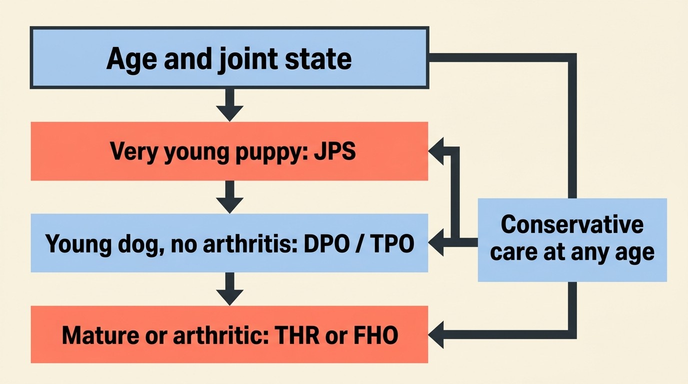 A simple top-to-bottom decision flow starting from the dog’s age and joint state, branching to the options worth discussing: a very young puppy branch pointing to laxity testing and JPS, a young dog roughly five to ten months with no arthritis branch pointing to DPO or TPO, and a mature dog or arthritic joint branch pointing to total hip replacement, FHO or conservative management, with conservative management reachable from every branch.