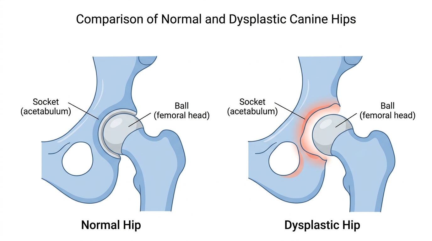 A clean medical illustration comparing a normal canine hip, with the ball sitting deeply and snugly in the socket, against a dysplastic hip with a shallow socket and a loose, poorly covered ball, soft blue and coral palette, labelled