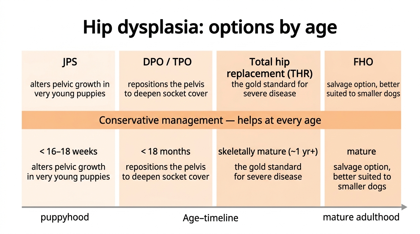 An age-based infographic of hip dysplasia options along a timeline: JPS for very young puppies under about 16 to 18 weeks, DPO/TPO for young dogs under about 18 months, then total hip replacement (the gold standard) and FHO for mature dogs, with conservative management running across the whole timeline
