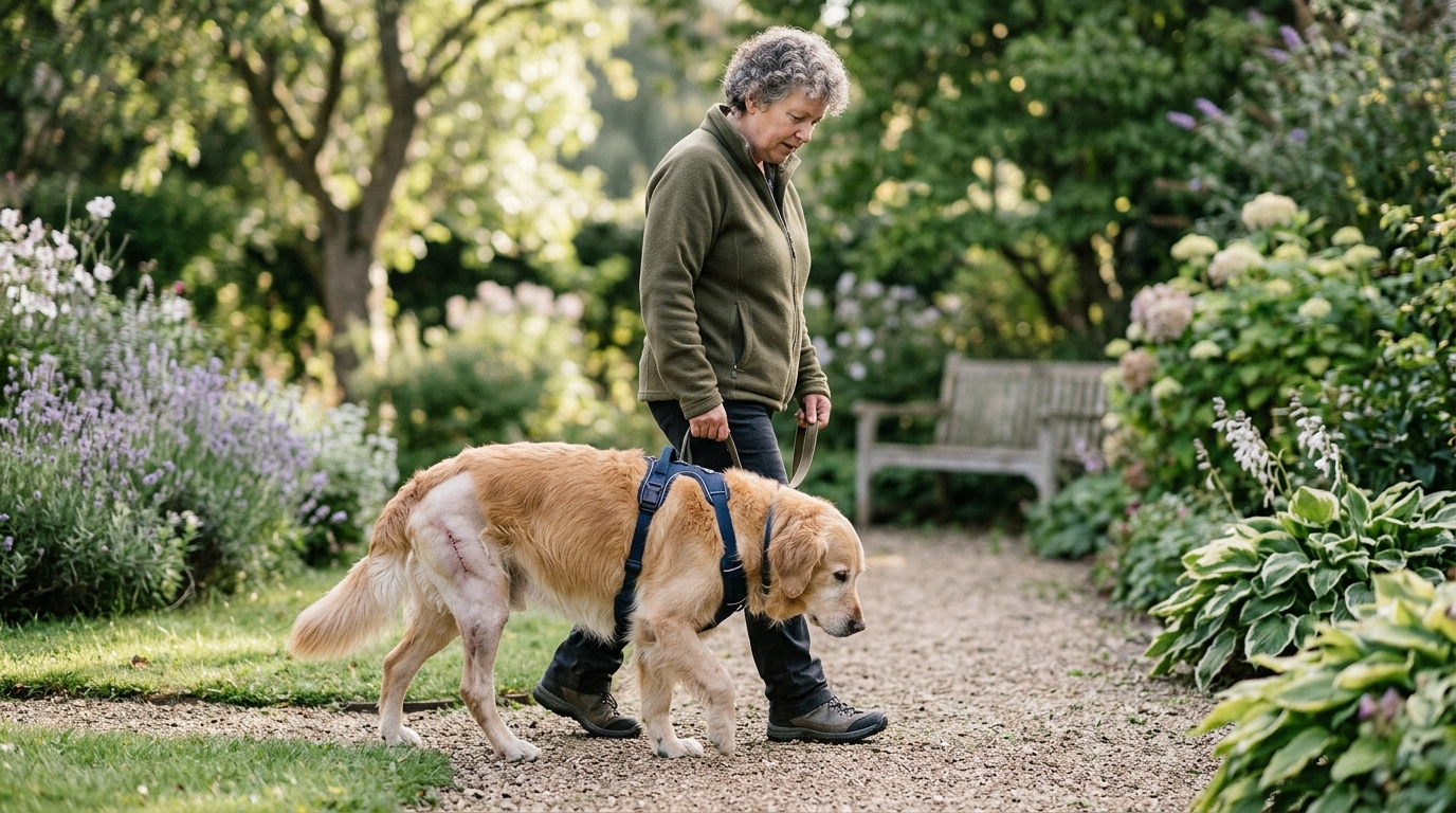 A medium-sized dog walking slowly and steadily on a lead during early post-operative rehabilitation in a quiet garden, an owner close by, soft natural light