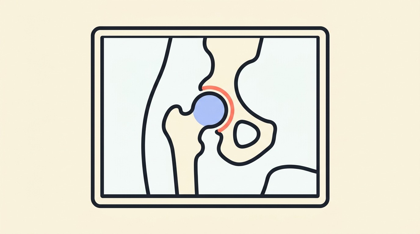 A positioned hip radiograph displayed on a screen, with the ball of the femur and the cup of the socket gently highlighted to show how snugly they fit together.