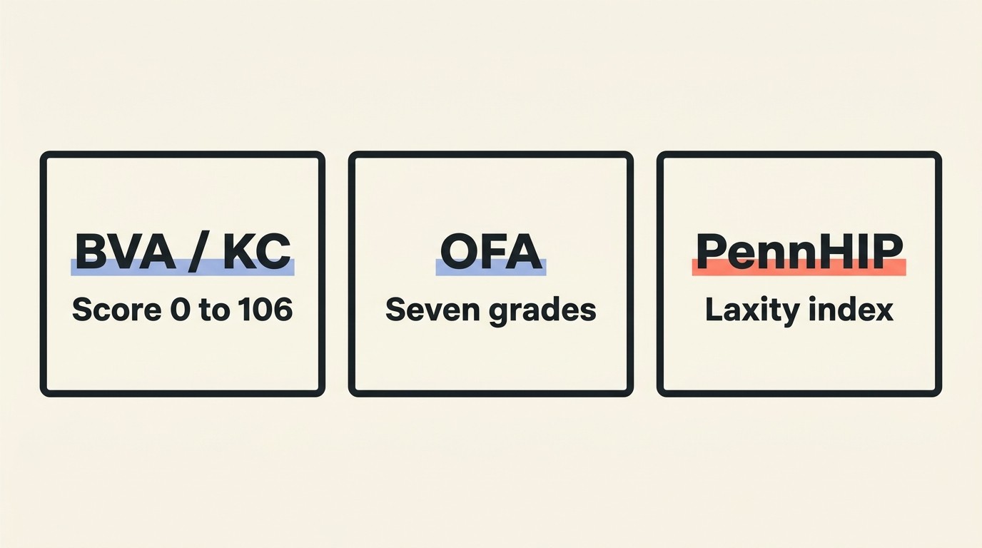 Three labelled panels comparing the BVA/KC numerical hip score, the OFA letter grades and the PennHIP distraction index, showing how each scheme expresses hip quality differently.
