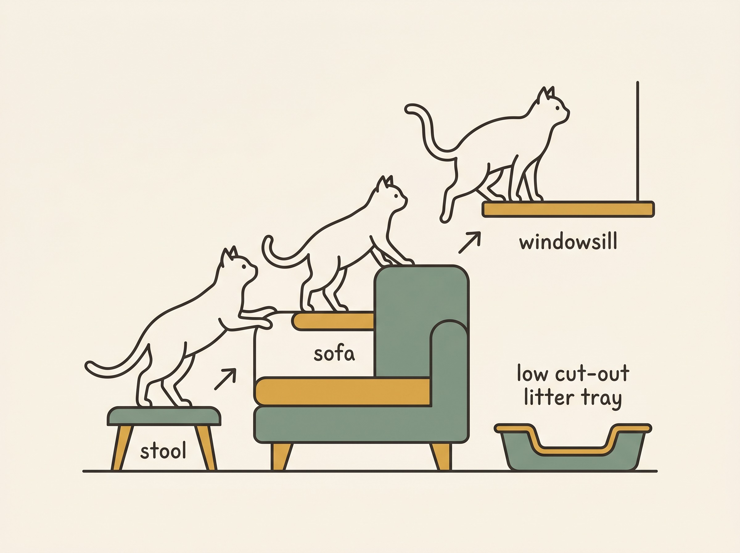 A flat-vector side view of a cat reaching a high windowsill in three gentle stages, sofa to a small stool to the sill, each step labelled, beside a low cut-out litter tray, in oat-cream, sage and honey tones.