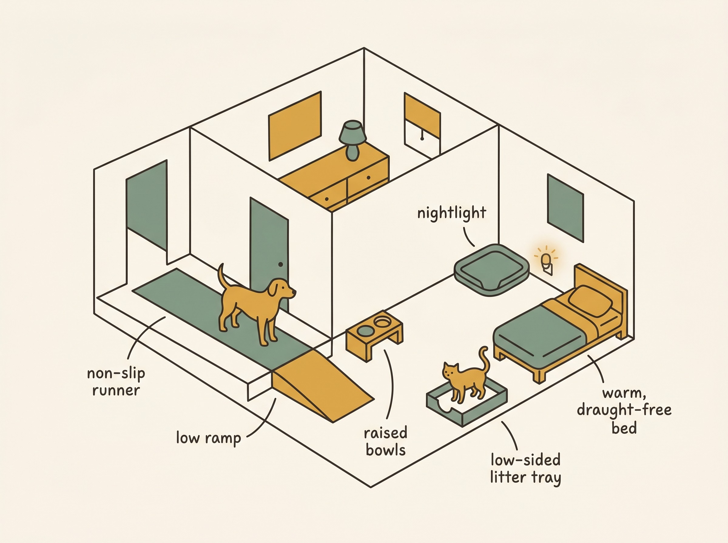 A flat-vector cutaway of a home shown for both a dog and a cat, on an oat-cream background in sage and honey tones, with labelled adaptations: "non-slip runner" along a hallway, a "low ramp" over a step, "raised bowls", a "low-sided litter tray", a "warm, draught-free bed" and a "nightlight".