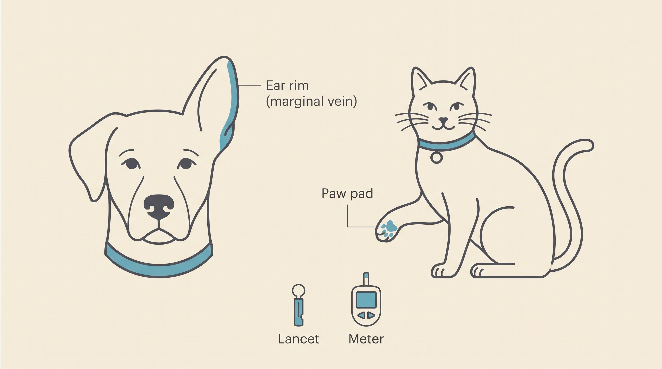 Labelled flat illustration on cream of a dog and a cat showing two home blood-sampling sites: the marginal ear vein on the rim of the ear and the metacarpal paw pad, with a lancet and meter alongside