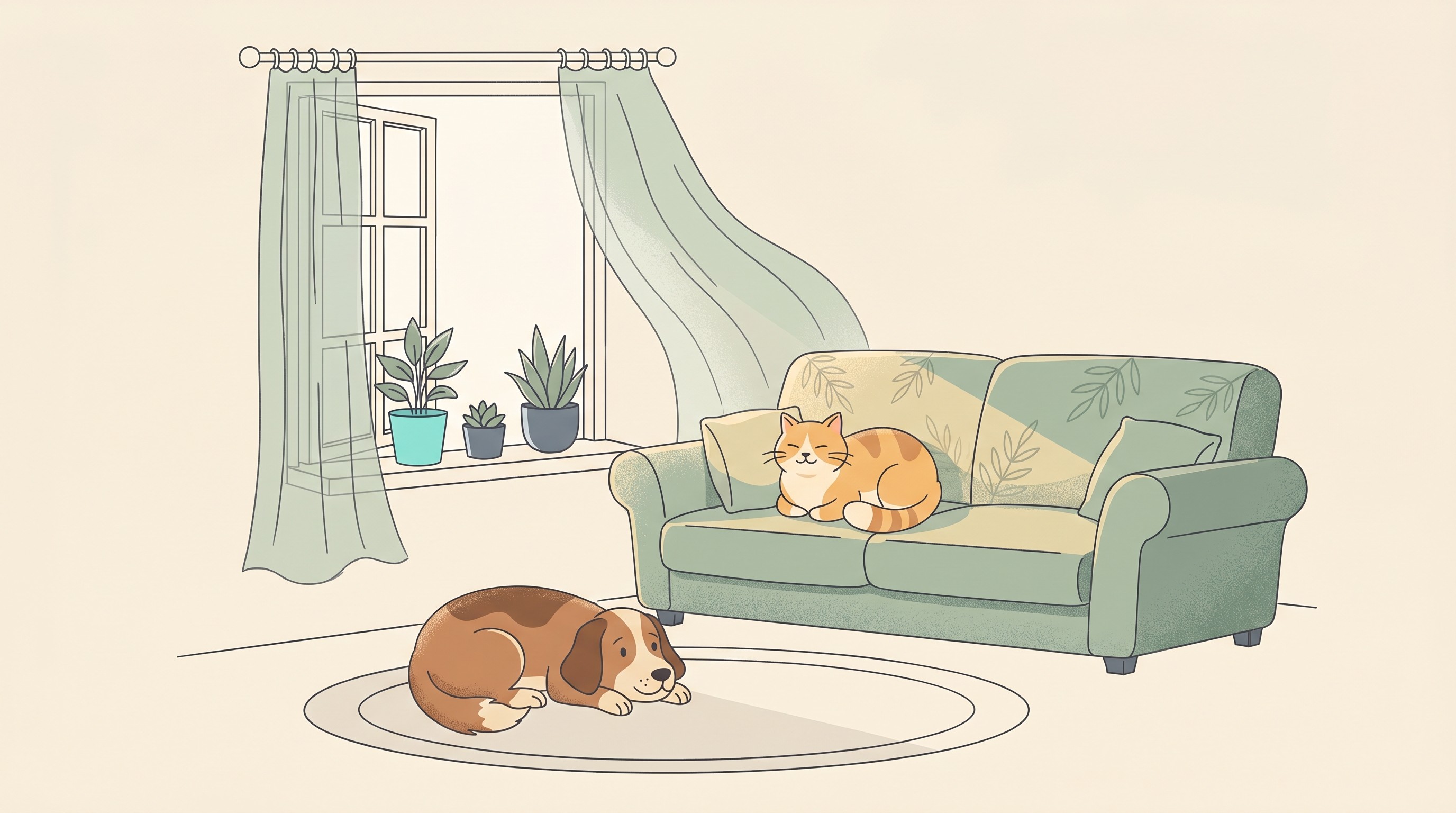 A calm, airy living room with an open window, a content cat on a sunlit sofa and a settled dog nearby, no smoke, candles or diffusers in sight, in a warm flat-vector style on a cream background