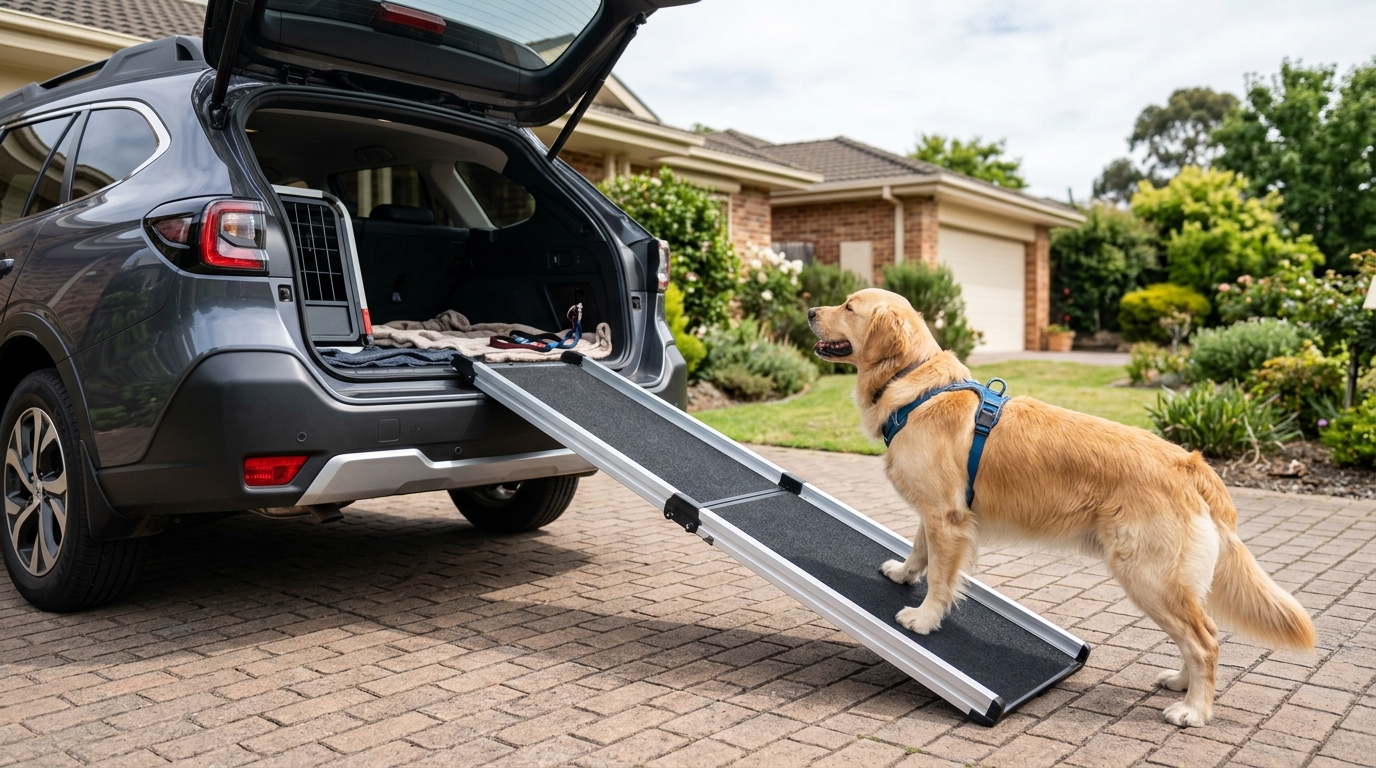 A folding car ramp extended from the open boot of an SUV to the driveway, a dog standing at the bottom about to walk up, soft outdoor daylight