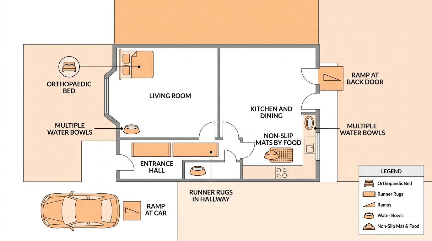 A floor-plan illustration of a typical UK home from above, with coloured highlights marking the best placement of an orthopaedic bed, runner rugs, ramps, water bowls and non-slip mats
