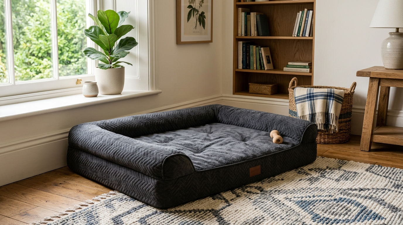 A high-quality memory foam orthopaedic dog bed in a warm corner of a living room, large enough for a dog to stretch out fully, soft natural light, no dog visible