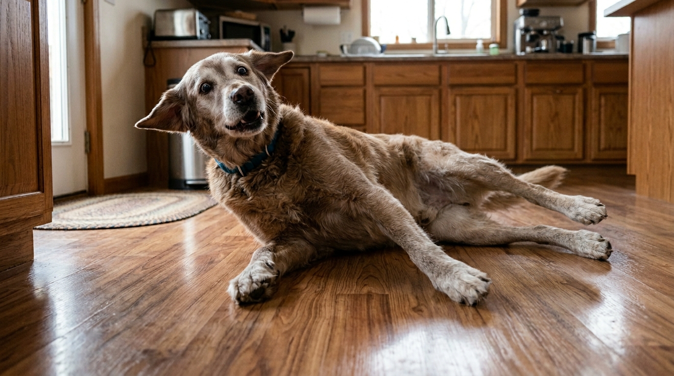 A senior dog mid-slip on a laminate kitchen floor, hindlimbs splaying out beneath them, caught at the moment of losing balance, soft natural light