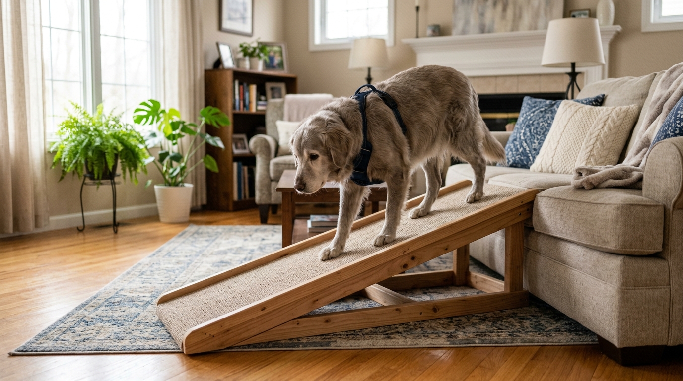 A dog calmly walking down a gentle wooden ramp from a sofa to the floor, family room with soft window light