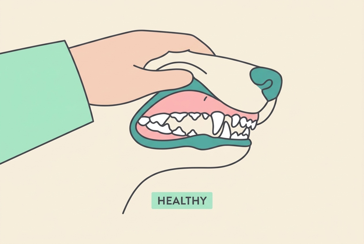 Placeholder for a real clinical photograph: the mouth of a healthy dog or cat with the upper lip lifted, showing pink gums with a crisp, calm margin against clean white teeth.