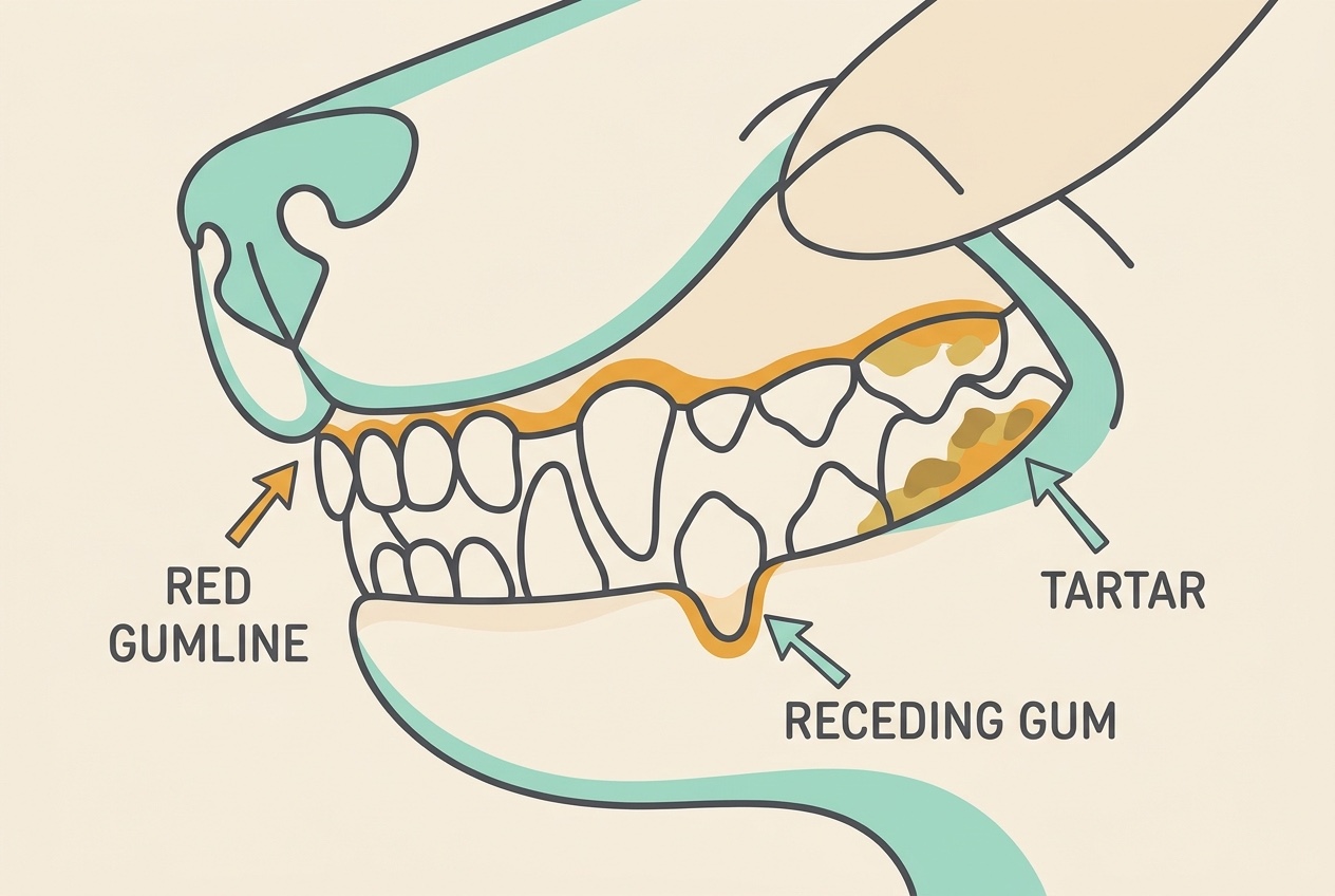 Placeholder for a real clinical comparison photograph: a mouth showing a red inflamed gumline, brown tartar on the cheek teeth, and a receding gum, with the changes labelled.
