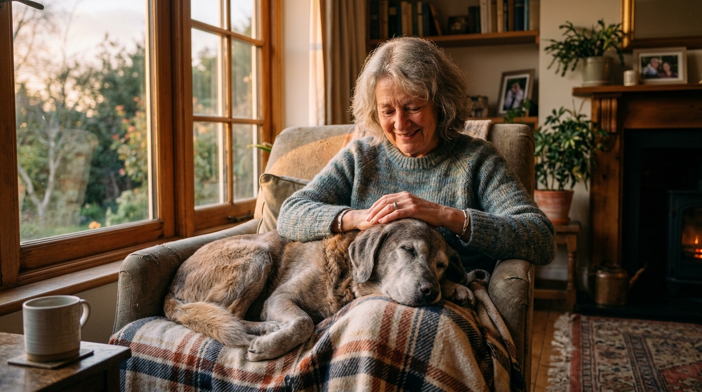 An owner sitting with their senior dog in the early evening, the dog lying contentedly with their head in the owner's lap, soft golden-hour light through a window