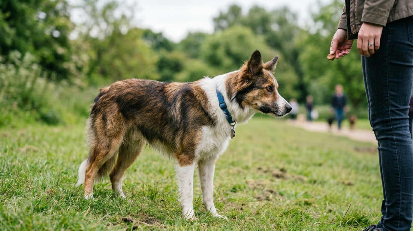 A medium-sized dog standing balanced, head and neck curved to follow a treat held at hip level by an owner, the dog's eyes tracking the treat
