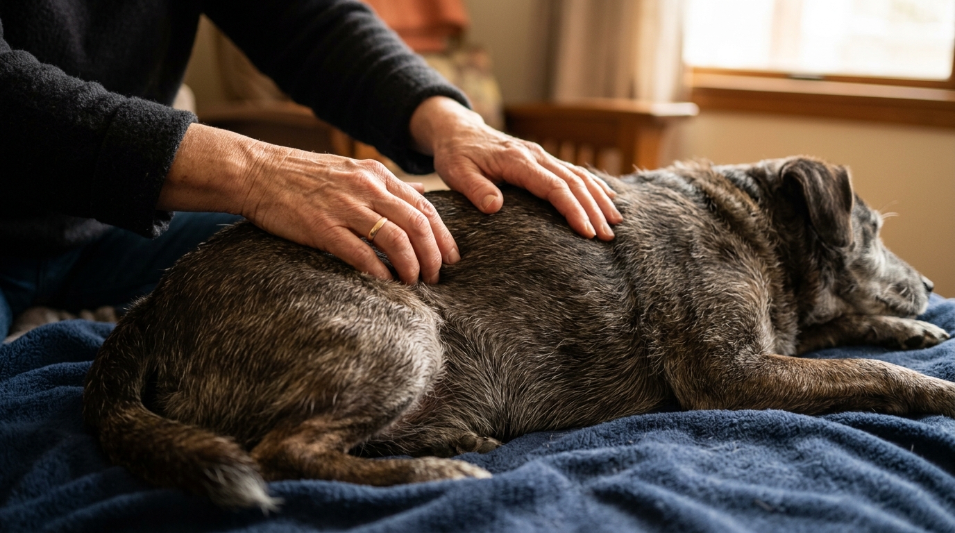 Close-up of an owner's hands gently massaging the muscles along a senior dog's back with slow rhythmic strokes, the dog visibly relaxed, soft warm light