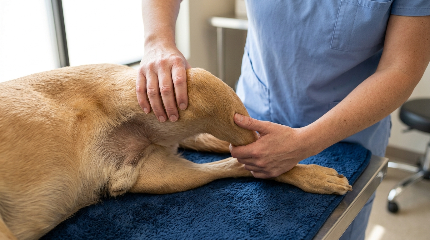Close-up of hands carefully supporting a dog's hindlimb above and below the stifle joint, demonstrating proper passive range-of-motion technique with the leg in mid-flexion, soft natural light