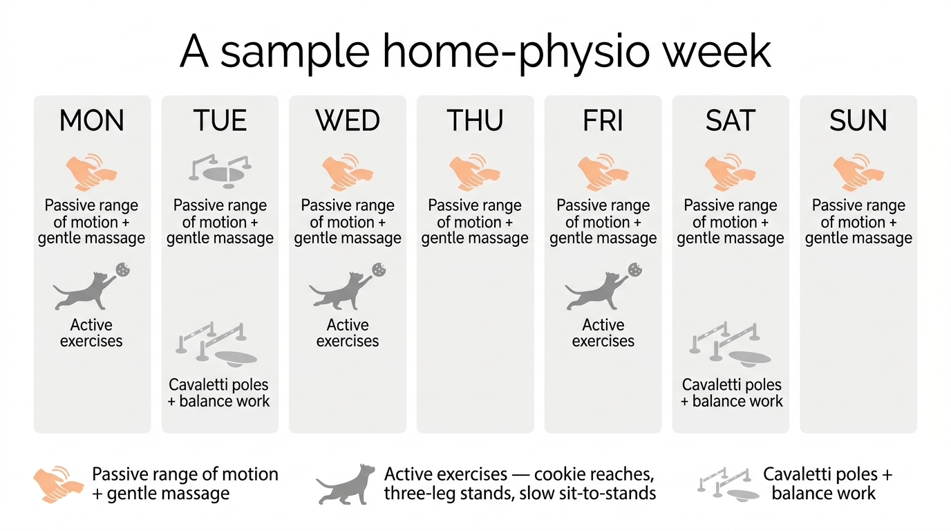 A weekly schedule infographic titled A sample home physiotherapy week, showing daily passive range of motion and massage, alternate-day active exercises, and twice-weekly balance and cavaletti work