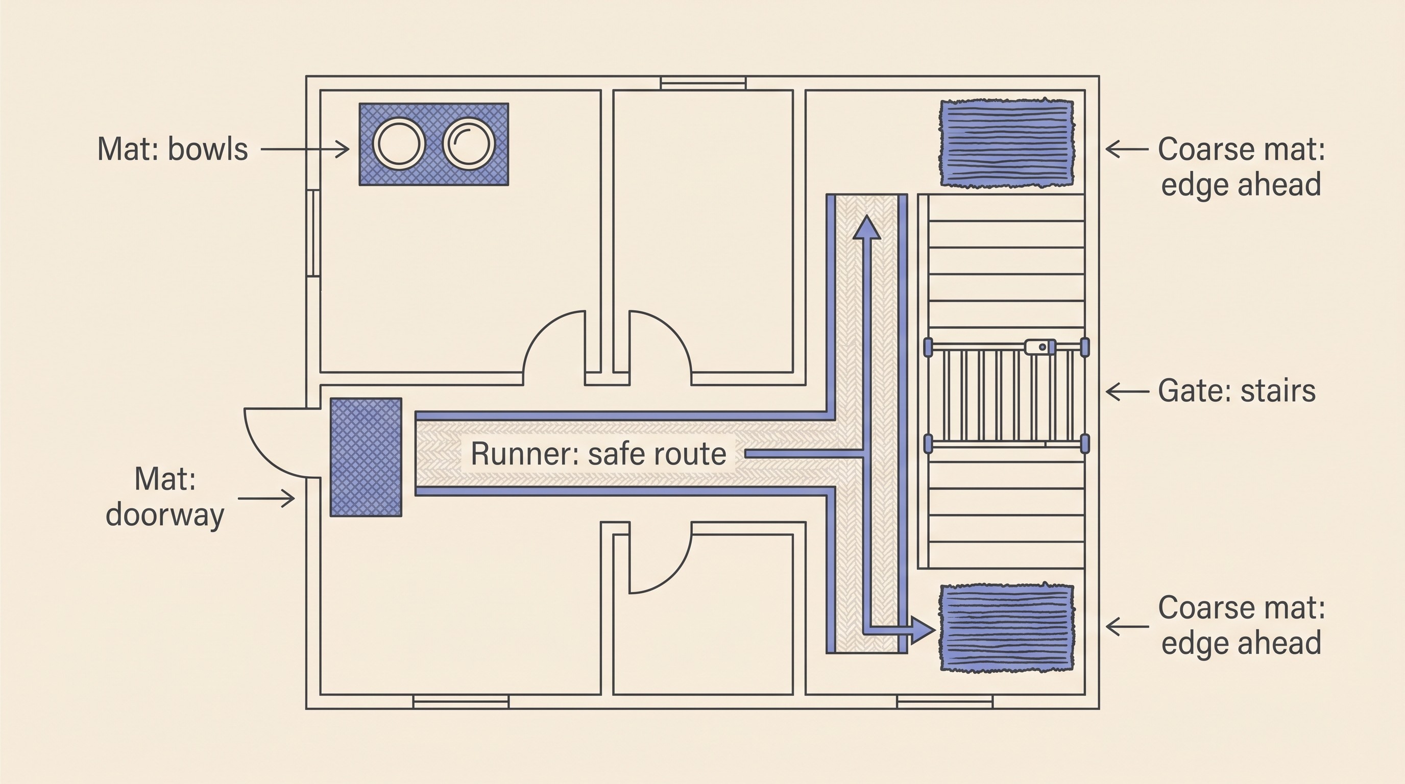 Flat overhead illustration on cream of a home floor plan with carpet runners marked as pathways, textured mats under food and water bowls and at a doorway, a coarse mat at the top and bottom of a staircase, and a baby gate across the stairs