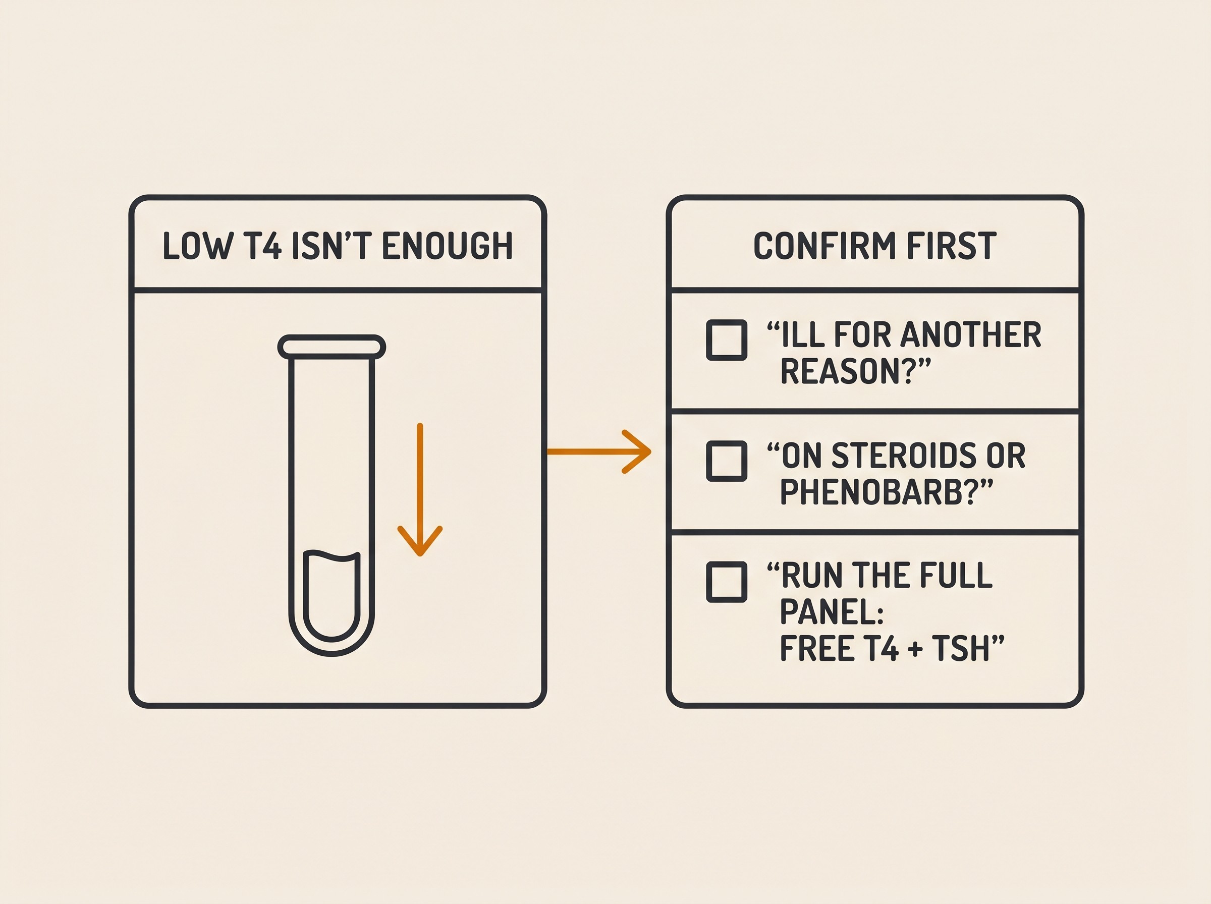 A "low T4 isn't enough" card built around a low-filled test tube with a downward arrow, feeding a "confirm first" checklist asking about other illness, steroids or phenobarb, and running the full free-T4-plus-TSH panel