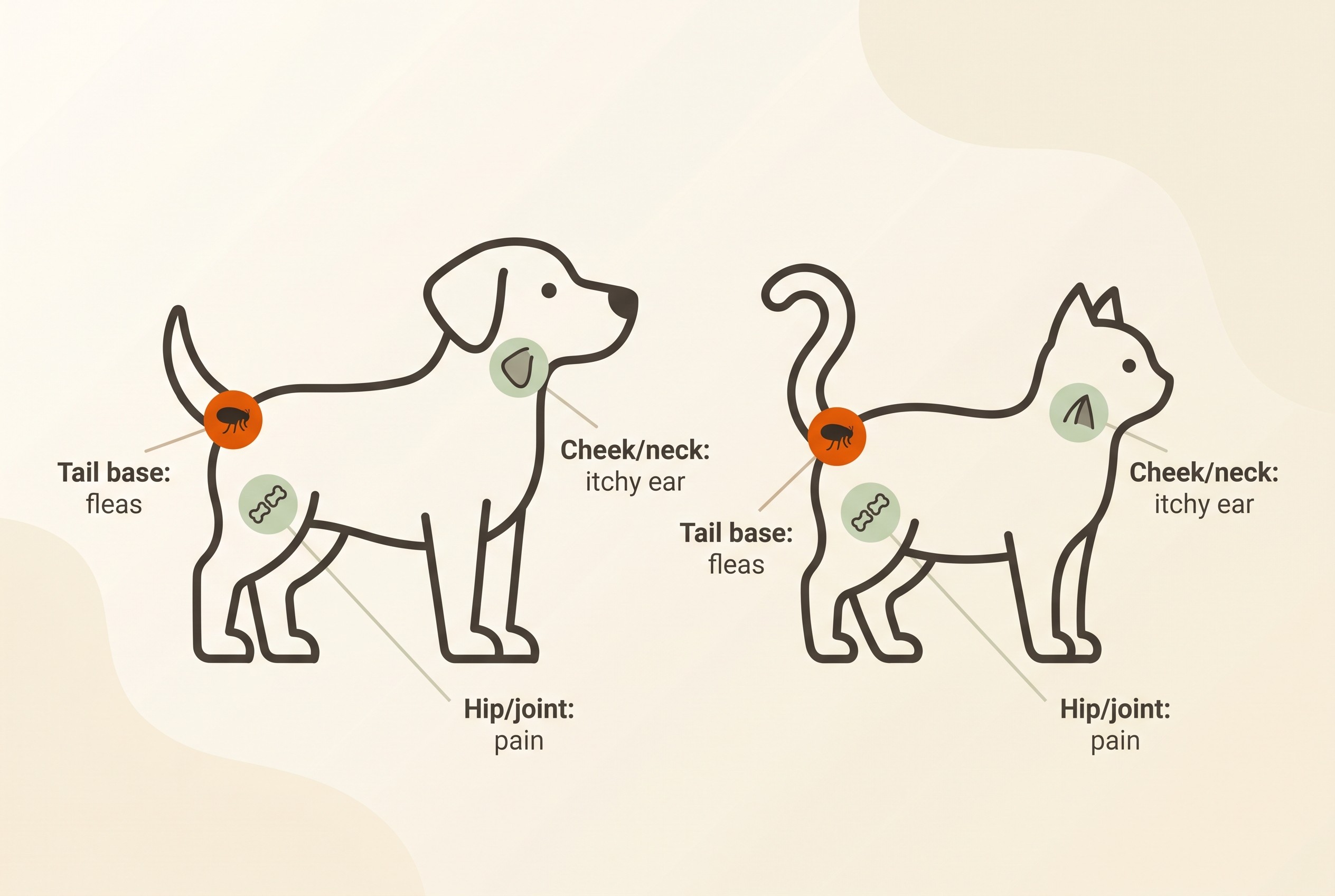 Body map of a dog and cat showing common hot-spot sites and what each suggests