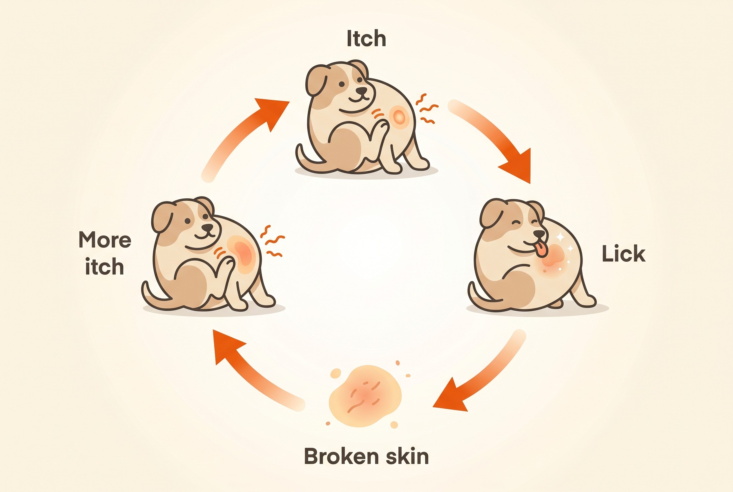 Diagram of the itch-scratch-lick cycle creating a hot spot