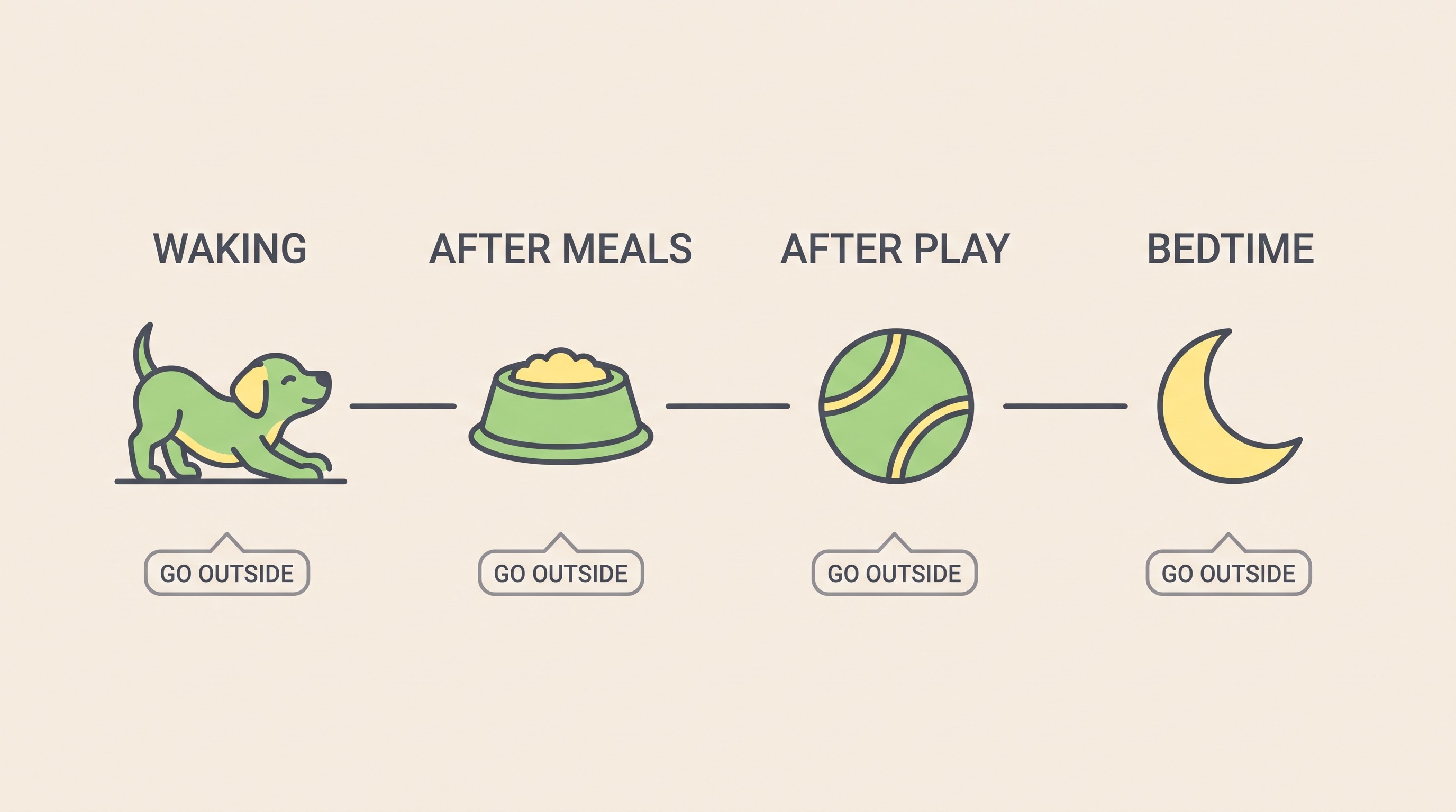 A simple flat illustration of a daily toileting routine as a clock or timeline, with icons for wake, after meals, after play, and bedtime, each marked "go outside".