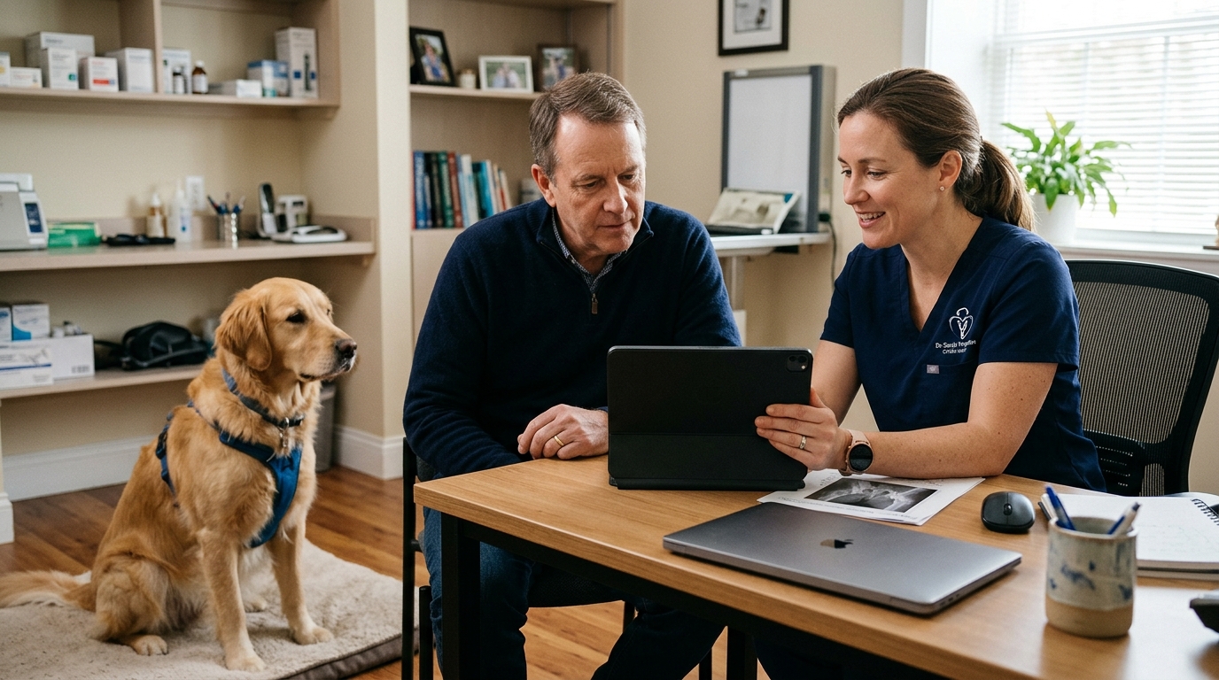 A veterinarian sitting next to a dog owner at a desk, both looking at a tablet showing imaging results, the dog calm beside them, soft consulting room light