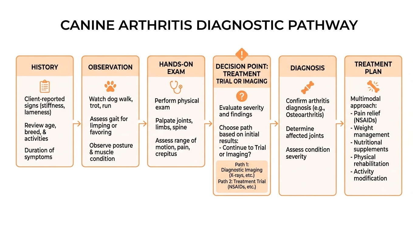 A horizontal flowchart of the canine arthritis diagnostic pathway: History, Observation, Hands-on exam, a decision point of treatment trial or imaging, Diagnosis, then Treatment plan
