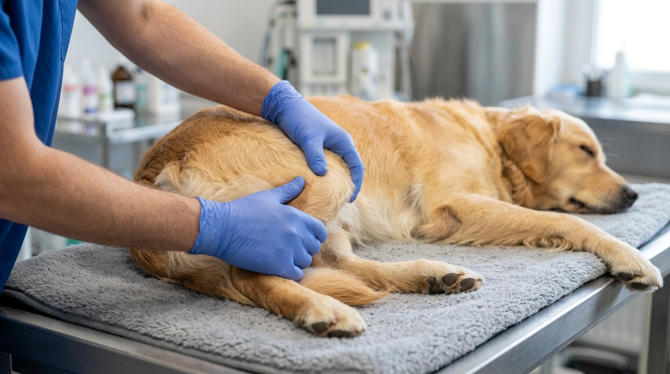 Close-up of a veterinarian's hands gently flexing a dog's stifle during examination, the dog lying calmly on their side on a soft mat