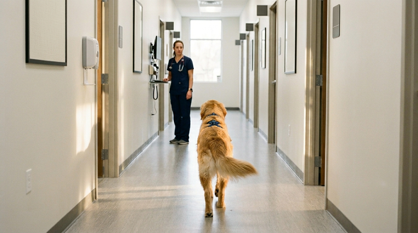 A dog walking away from the camera down a long veterinary-clinic corridor, viewed from behind at hip height, the vet watching the gait in the background, soft natural light
