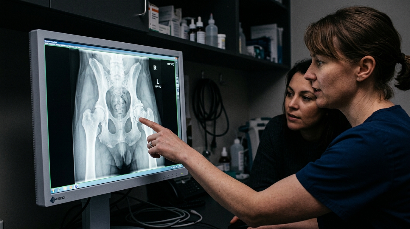 A digital X-ray of a dog's hip joints on a clinical monitor, a veterinarian's hand pointing at a feature, the monitor lighting the dim room
