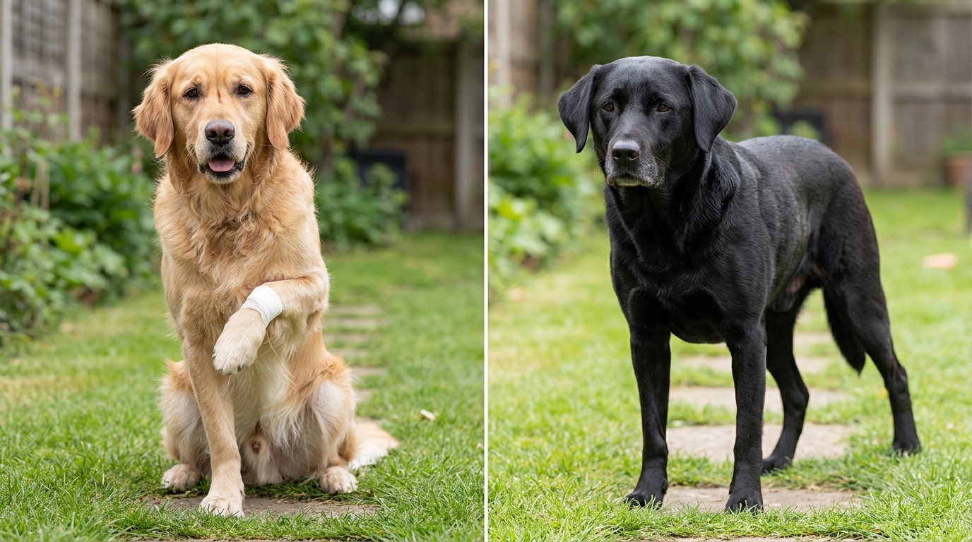 Two dogs side by side: one holding up an injured paw and looking distressed, the other standing quietly with only a subtle shift in weight, soft natural light