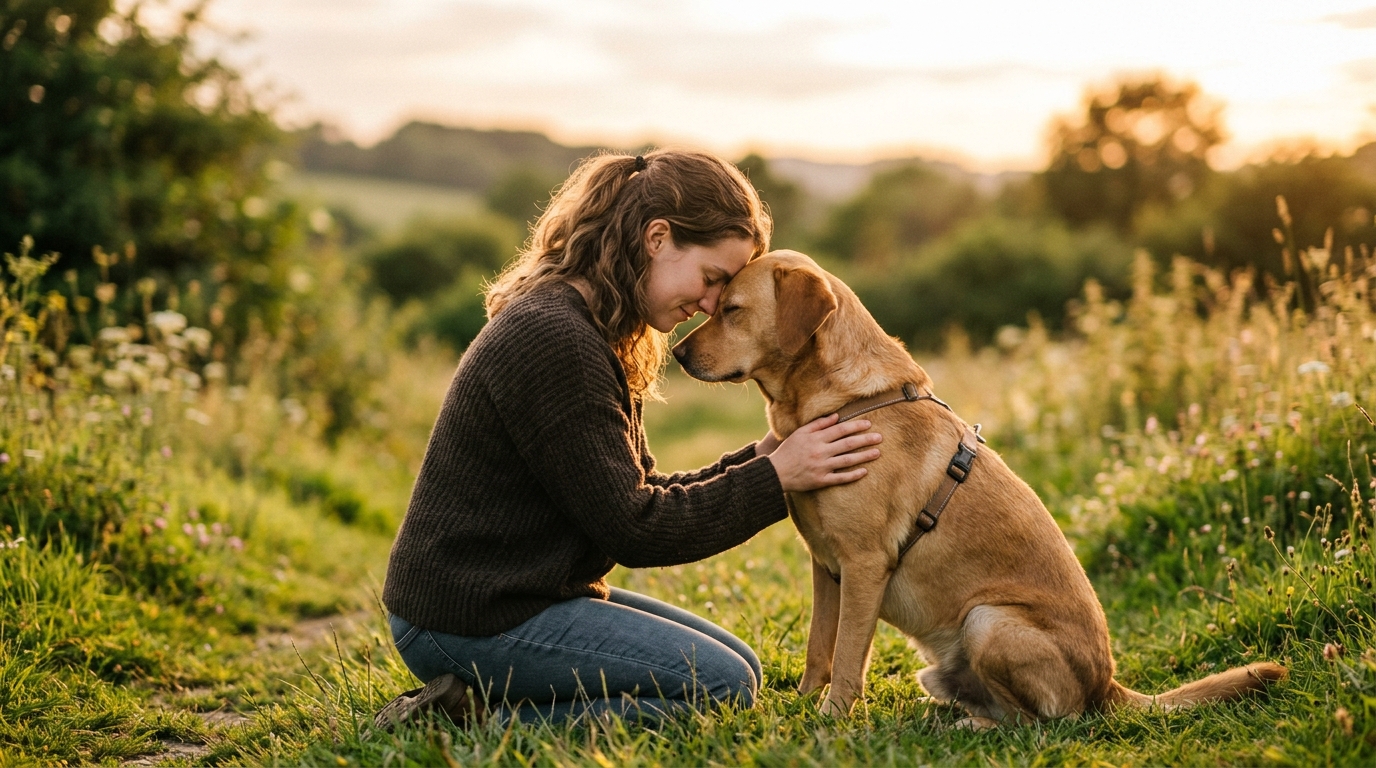 A person kneeling beside their dog, forehead gently resting against the dog's head, both with eyes closed, soft golden light