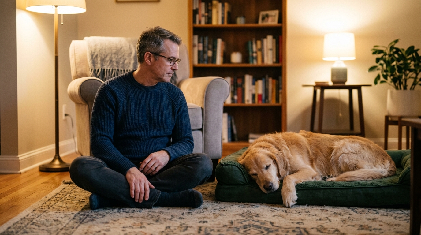 An owner sitting quietly on the floor, attentively watching their dog who is lying nearby, soft warm living room light