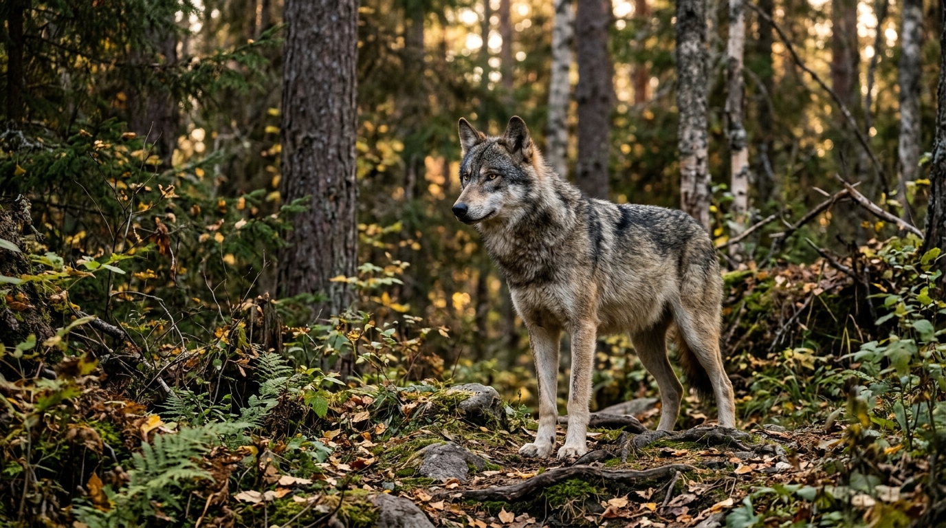 A lone wolf standing alert and watchful in a wild forest, soft late afternoon light, naturalistic