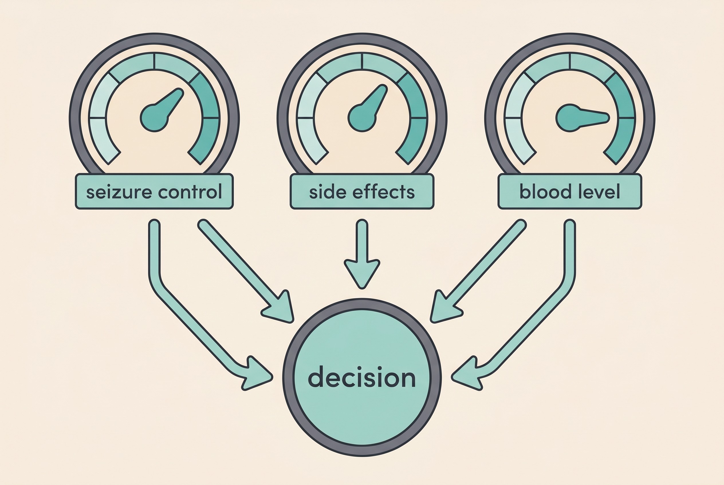 Three dials labelled seizure control, side effects and blood level feeding into one decision