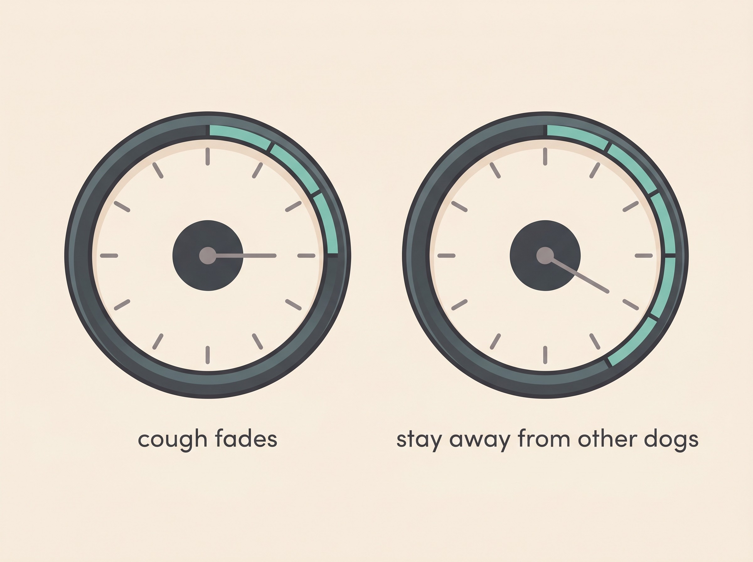 A small flat-vector panel on a cream background showing two clocks side by side: a recovery clock reading about three weeks for the cough to fade, and a longer isolation clock reading until at least a week after the very last cough for staying away from other dogs