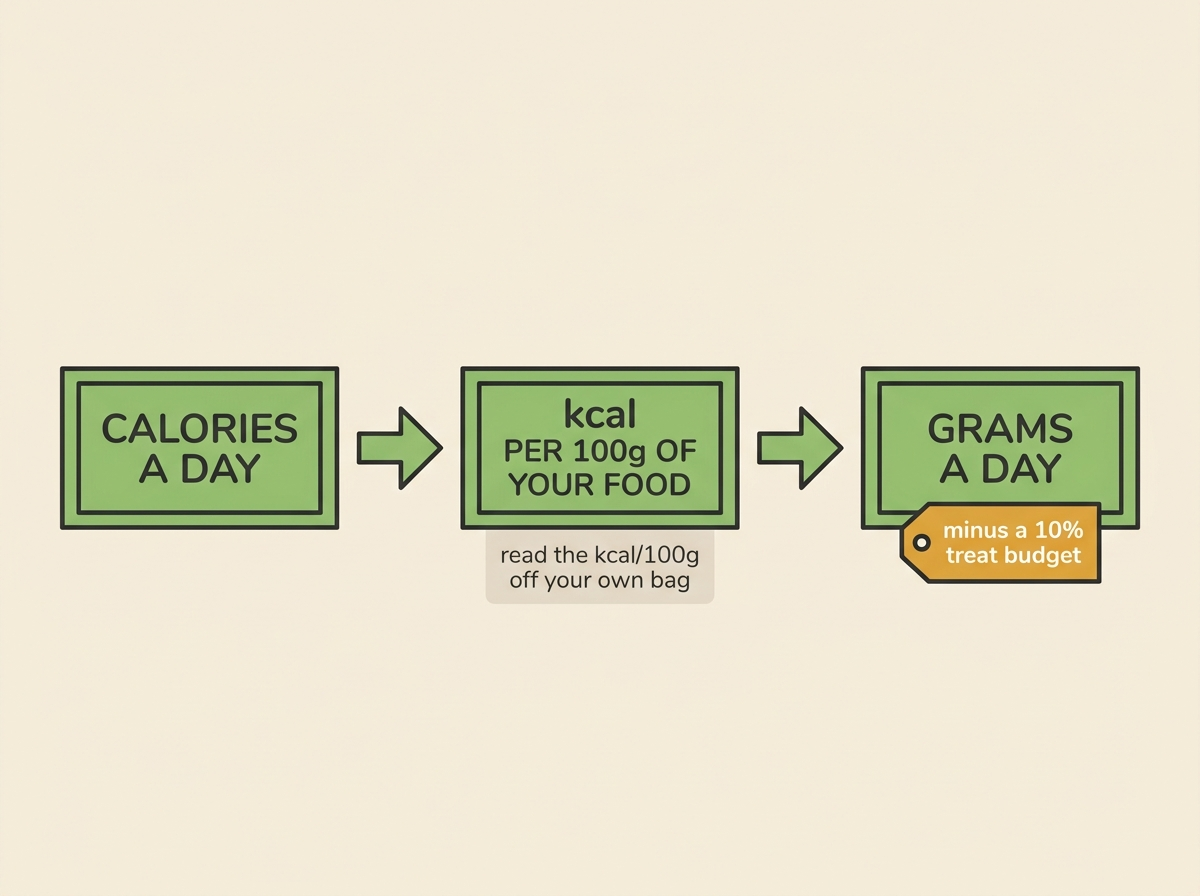 A three-step strip, calories a day divided by calories per 100g of your food equals grams a day, with a tag for a ten percent treat budget.