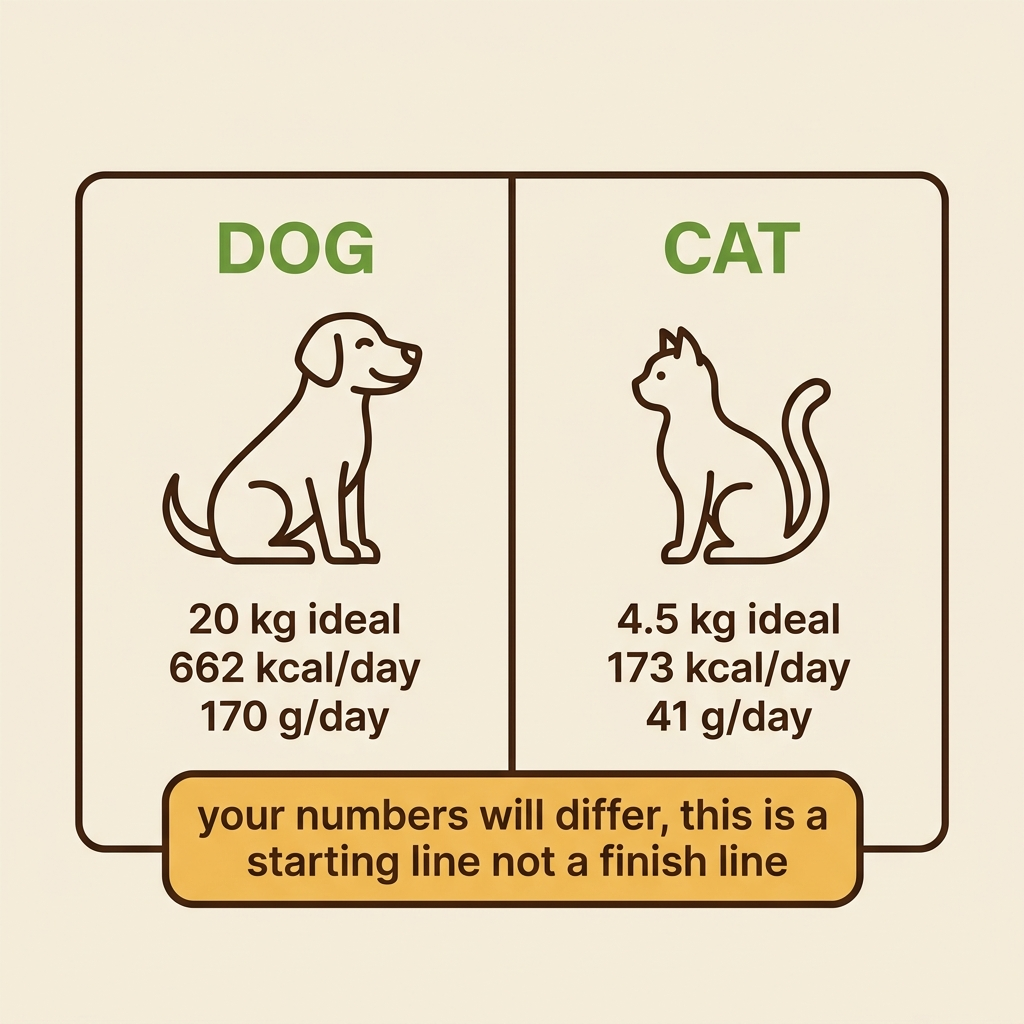 A side-by-side worked-example card, a dog tile and a cat tile, each showing ideal weight, calories and grams a day.