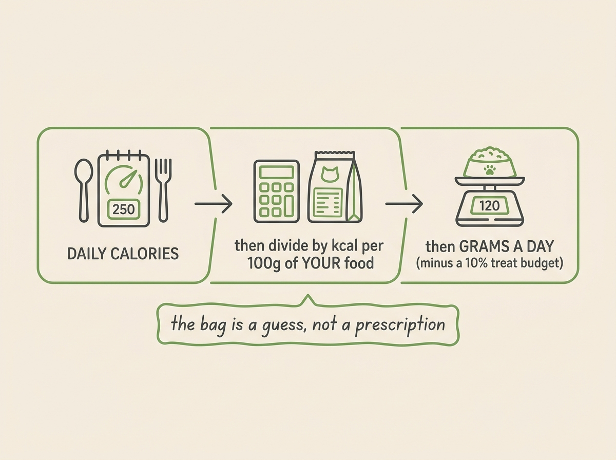 A three-step strip reading "DAILY CALORIES, divide by kcal per 100g of YOUR food, GRAMS A DAY, minus a 10% treat budget", with a small aside "the bag is a guess, not a prescription".
