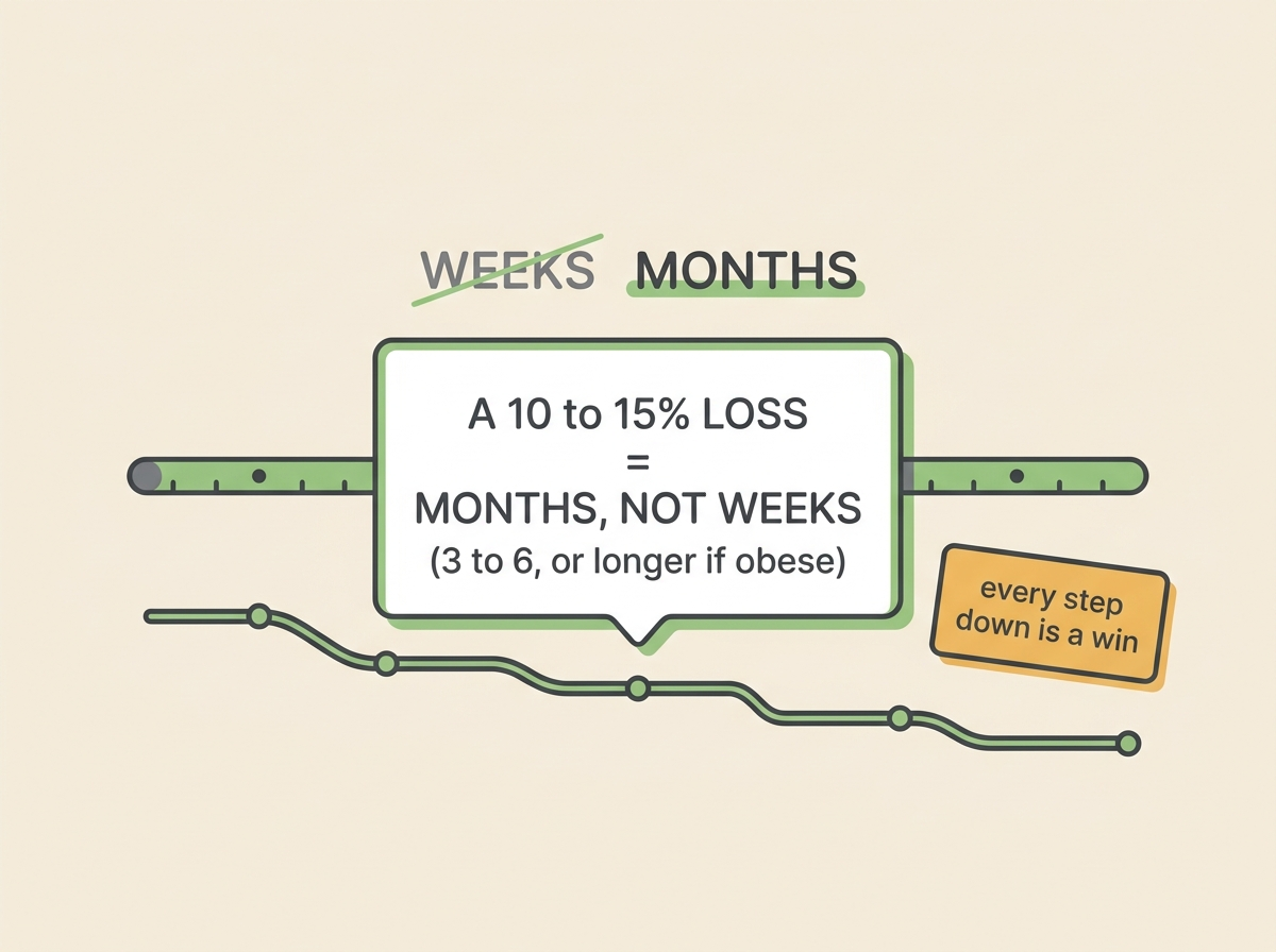 A timeline strip showing weeks crossed out and months highlighted with a downward-stepping weight line