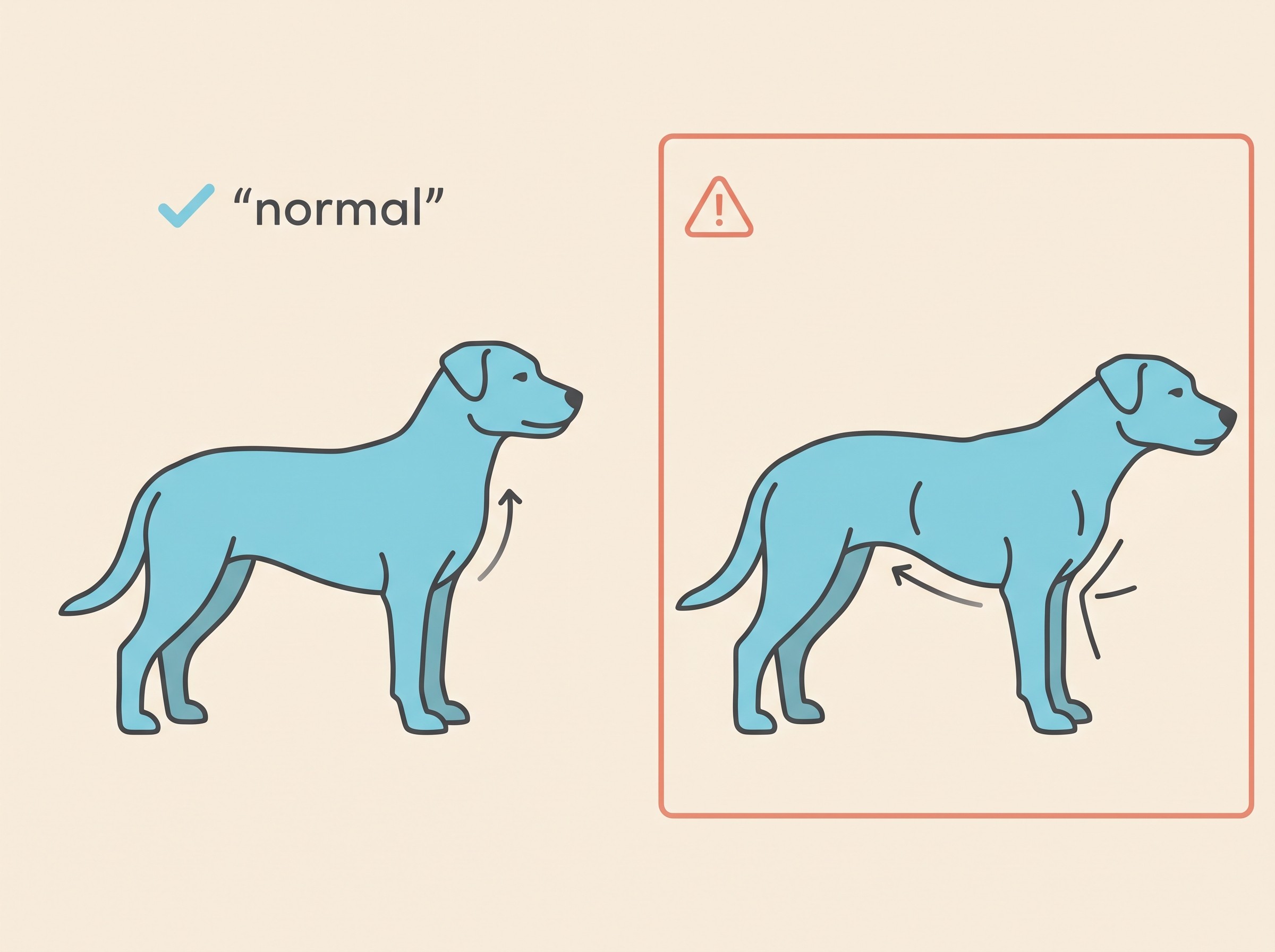 Side-by-side comparison of an easy chest-led breath versus an effortful belly breath in a dog, with the abdomen heaving and the elbows pushed out, flat-vector style on a cream background